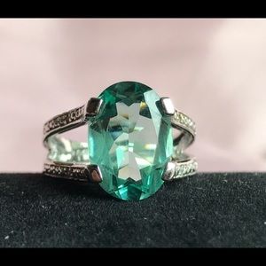 Green Amethyst & Diamond SS Ring